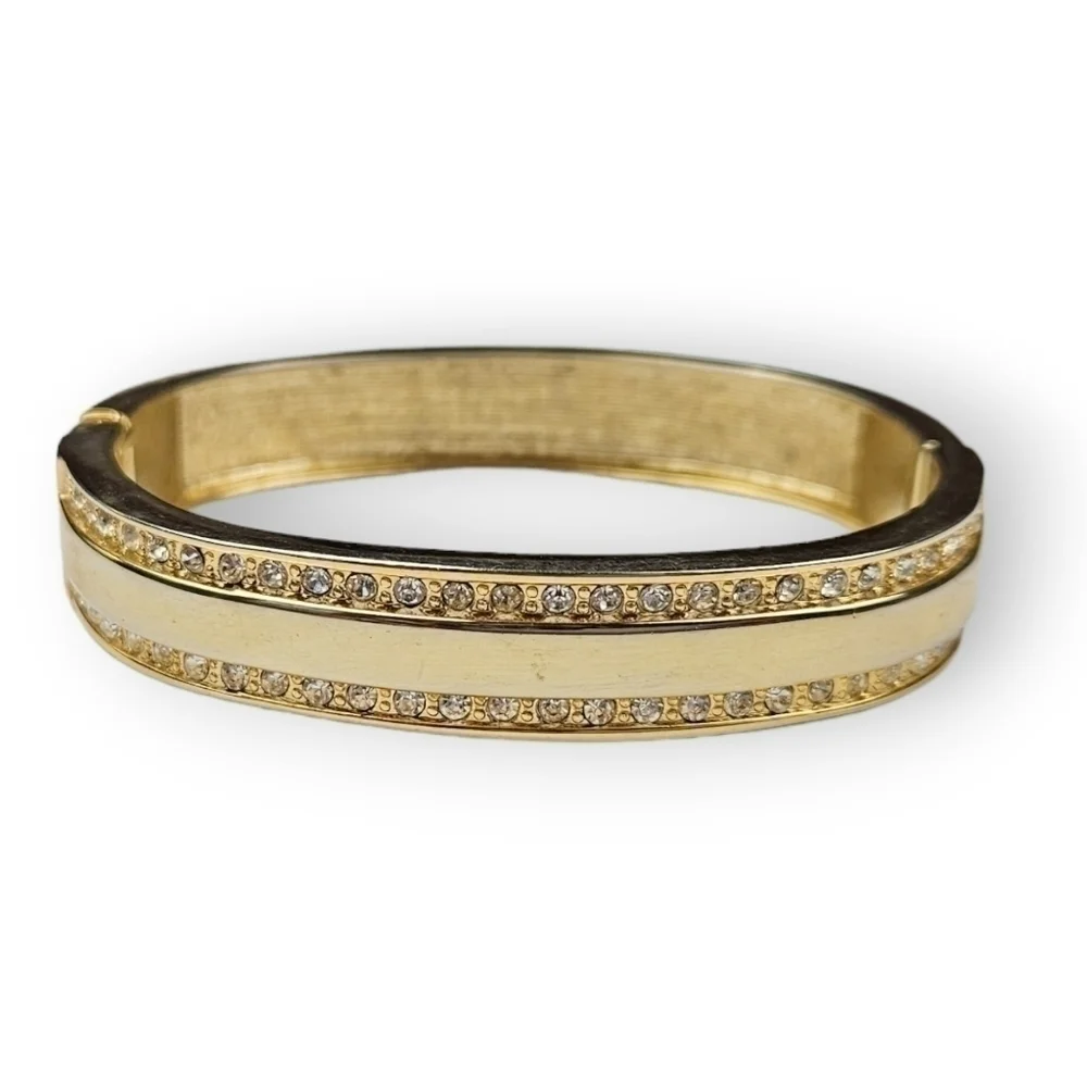 Vintage Rhinestone Cuff Bracelet Clamper Gold Plated Retro Minimalist ~6 7/8